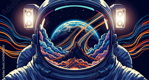 Astronaut helmet reflecting a vibrant alien landscape with a planet. Stylized graphic illustration featuring bold cosmic colors. Science fiction exploration concept for synthwave space designs.