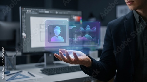 AI-Powered Business Analytics Dashboard on Laptop in Dark Futuristic Office