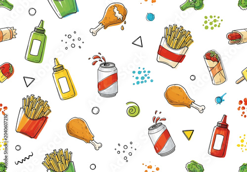 Φωτογραφία Fast food pattern with fried chicken, french fries, soda cans and sauces