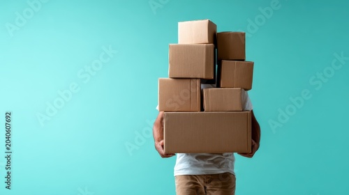 An individual struggling to keep balance while carrying stacked cardboard boxes, highlighting the challenges of life and the determination to overcome obstacles despite the weight.