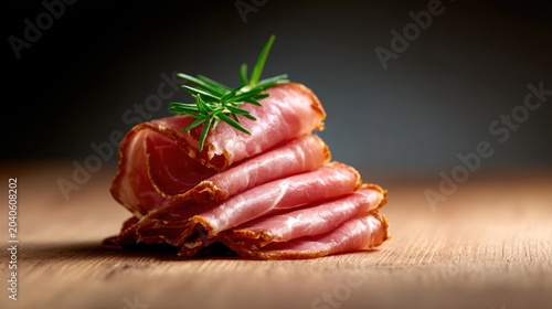 Beautifully arranged gourmet ham slices, artfully stacked to showcase their quality and texture, symbolize indulgence and flavor in an elegantly minimalist setting.