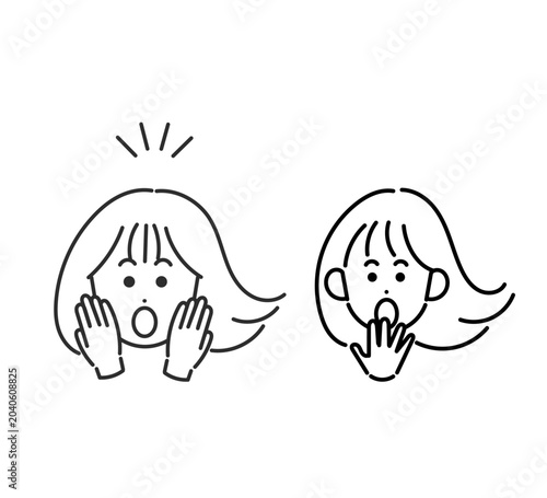 驚くリアクションの女性の顔のイラスト素材セット　線画のみ