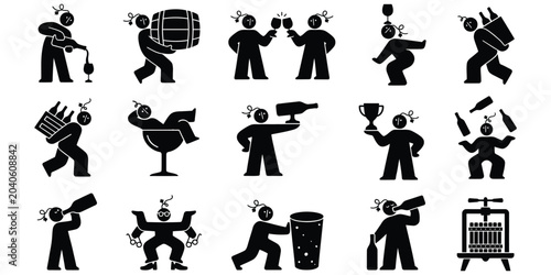 Bild auf Leinwand Diverse set of black silhouette icons illustrating various alcohol activities, f