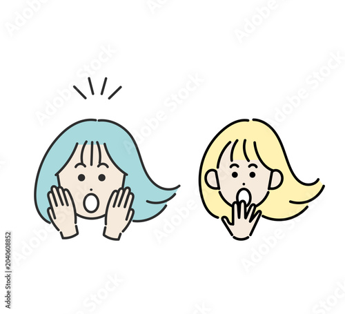 驚くリアクションの女性の顔のイラスト素材セット