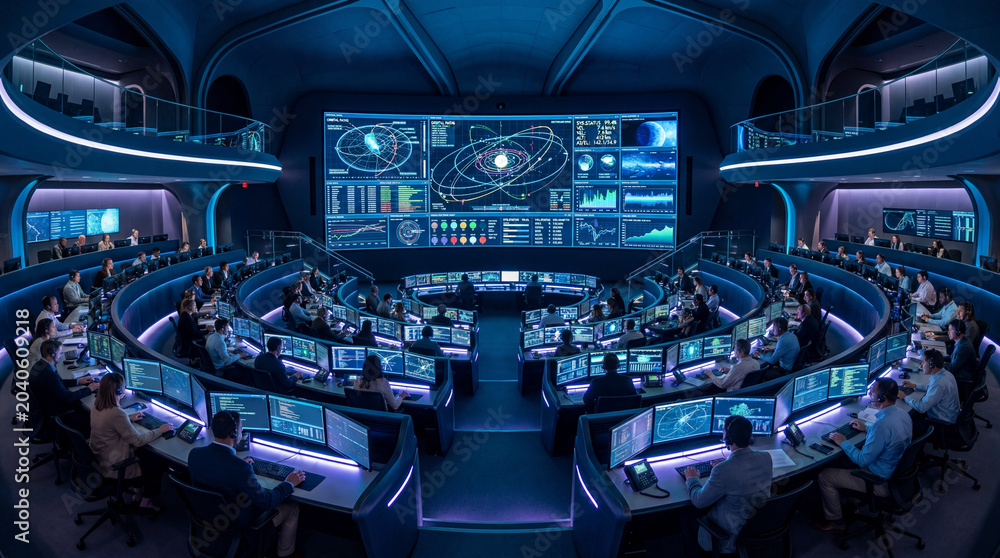 Obraz premium Mission control team monitoring space operations on large digital screens in futuristic command center