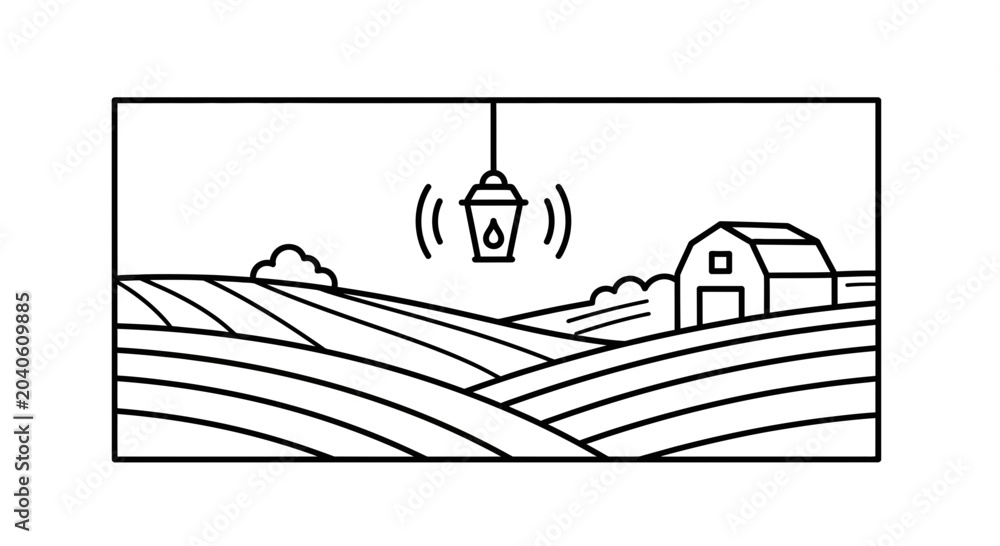 Naklejka premium Smart Farm Technology: Smart Lamp Over Rolling Fields and Barn