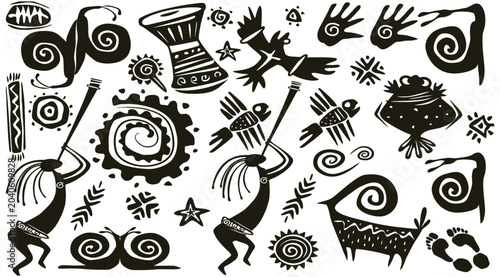 Tableau sur toile Collection of ancient tribal symbols and cultural motifs representing nature, an