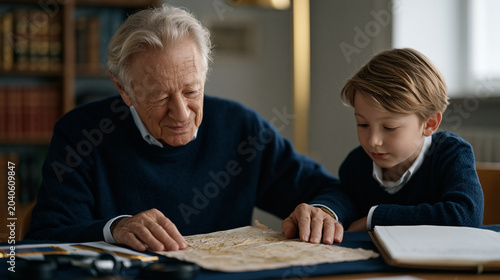 Senior philatelist presenting a rare nineteenth century inverted center stamp error to a wide-eyed junior collector at a numismatic society meeting, magnification tools and grading guides arranged o