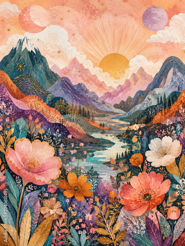 Folk art mountain wall art in whimsical floral style for nursery decor with moon and stars