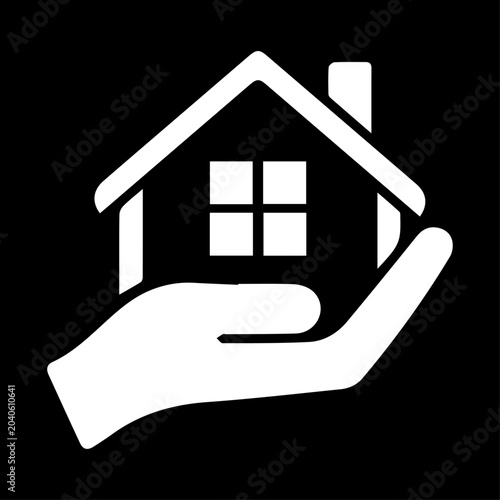 Hand holding house icon, white minimalist vector illustration on black background for home insurance, real estate property protection, mortgage care, and residential safety concept