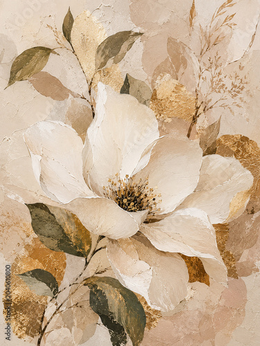 Floral wall art in textured botanical style with white flower for elegant neutral home decor