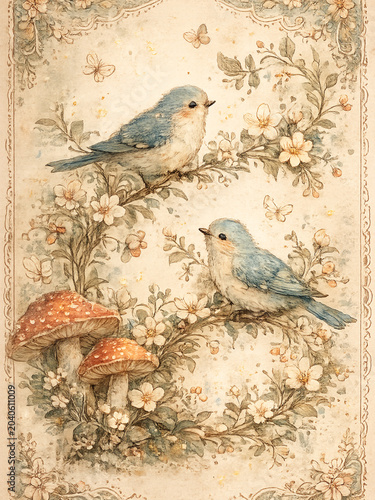Vintage bird wall art in watercolor cottagecore style for nursery decor with floral mushroom border