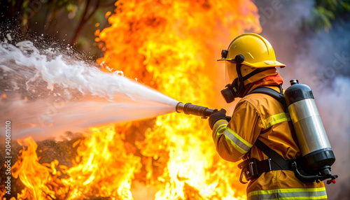 Bombero con traje de protección apagando un  fuego de incendio forestal de verano con un chorro de agua, concepto de seguridad, emergencias y prevención de incendios