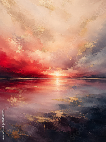 Abstract seascape wall art in textured oil painting style for dramatic sunset home decor