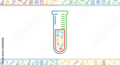 Colorful Test Tube with Education Icons Inside, Science and Learning Concept