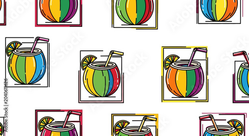Colorful Tropical Cocktail Drink Seamless Pattern, Summer Refreshment, Vibrant Beverage Design