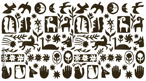 Photos Whimsical Folk Art Inspired Silhouette Pattern with Nature and Animal Motifs