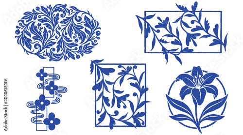 Quadro em tela Elegant Blue and White Decorative Floral Ornaments and Patterns Vector Art