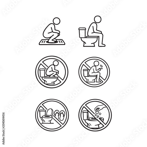 Minimalist black‑white vector toilet instruction icons showing proper usage and prohibited actions. Perfect for public restroom signage, hygiene awareness, and facility management.