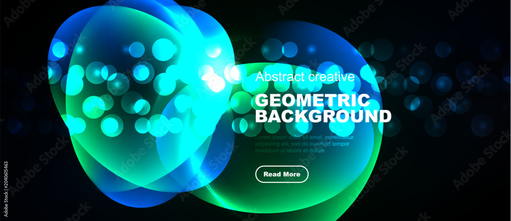 Fototapeta premium Vibrant abstract design features glowing shapes, text overlay, dark background. Modern aesthetic, dynamic composition, inviting visuals.