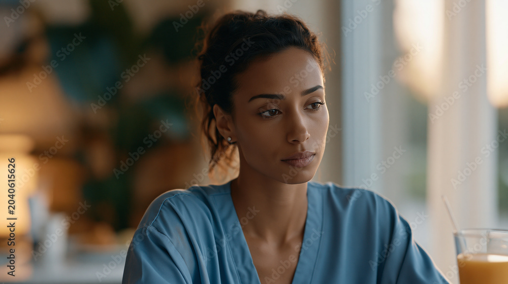 Fototapeta premium Hospital nurse sits in a break room at the end of a double shift staring at an untouched meal, corporate burnout written across her face as understaffing and administrative burden compound into a he