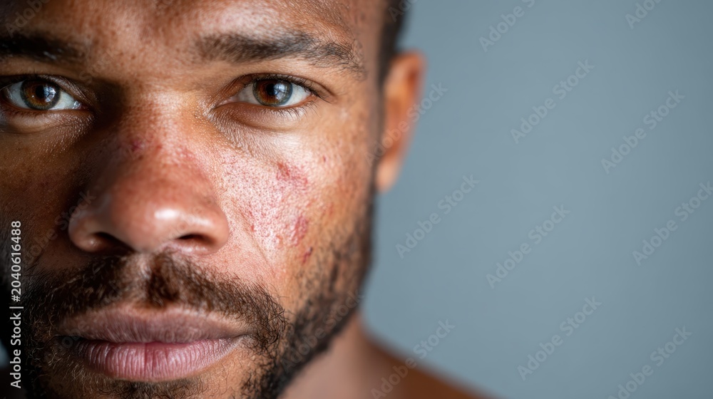 Fototapeta premium A close-up shot of a man with striking eyes and facial scars conveys strength and resilience, highlighting the stories behind a person's life experiences and challenges faced.