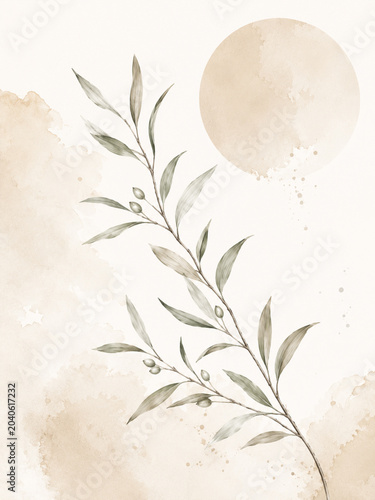 Japandi wall art print with minimalist abstract botanical graphic for neutral textured home decor