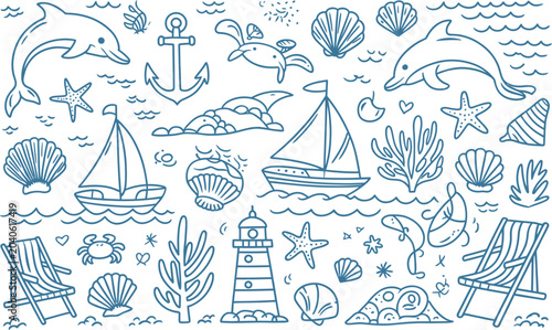 Set of hand-drawn coastal and nautical icons including dolphins sailboats anchors deck chairs with nautical sailboat deckchair seashell lighthouse handdrawn illustration vacation maritime