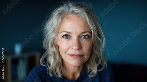 A striking portrait of a mature woman with blue eyes and soft features, capturing confidence and experience through her expressive gaze and warm smile.