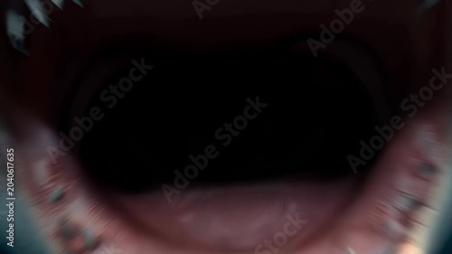 Dramatic first-person POV shot of a massive shark swimming from deep ocean, aggressively opening its large mouth to bite the viewer.