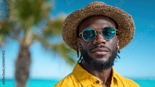 A fashionable man wearing sunglasses and a straw hat poses confidently at a tropical beach, capturing the essence of leisure, relaxation, and vibrant lifestyle.