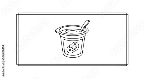 Hand-drawn line art of a yogurt cup with a spoon, simple and clean.