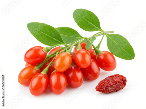 Fresh goji berries with leaves isolated on white background