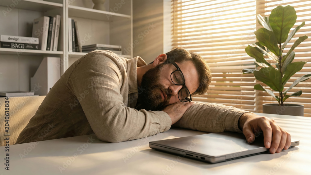 Fototapeta premium Overworked and tired man with a beard sleeping at his desk during a bright sunny day.