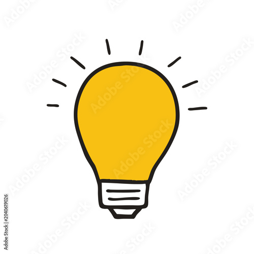 Simple hand drawn yellow light bulb icon on white background.