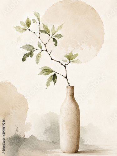 Japandi wall art print with minimalist abstract botanical graphic for neutral textured home decor