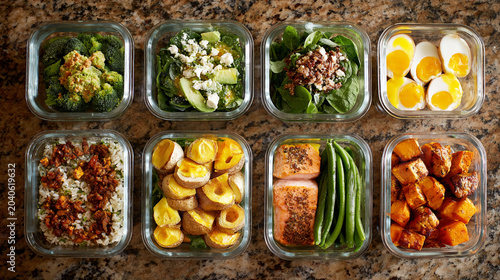 light filled photo of lunch prep with 8 different trays