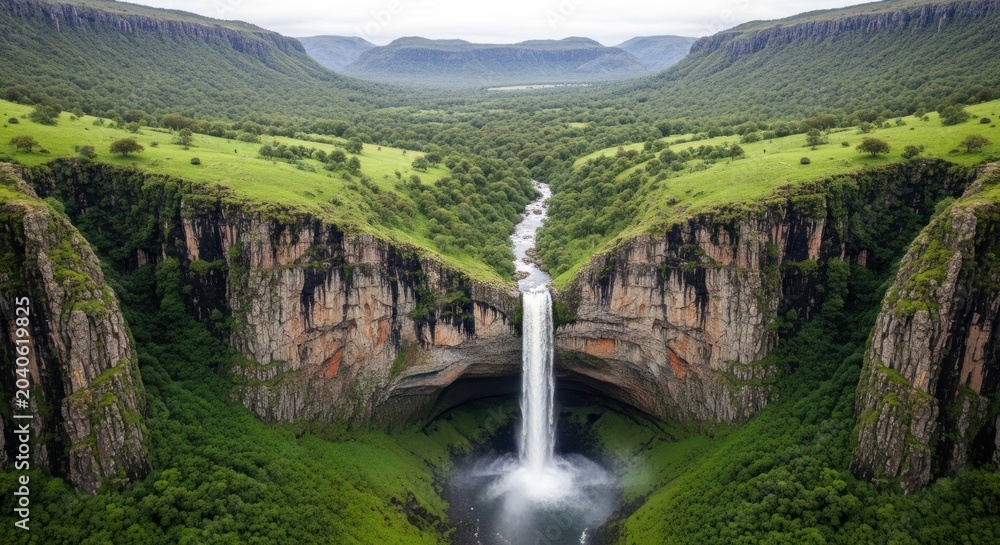 Obraz premium Majestic Waterfall Cascading Down Lush Green Cliffs into a Serene Pool.