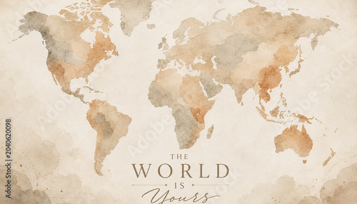 World map illustration of vintage watercolor earth silhouette with quote poster for travel home wall decor use.