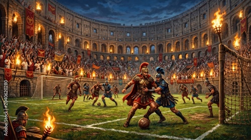 A fantastical sporting event combining modern soccer with ancient Roman gladiatorial combat within the Colosseum.