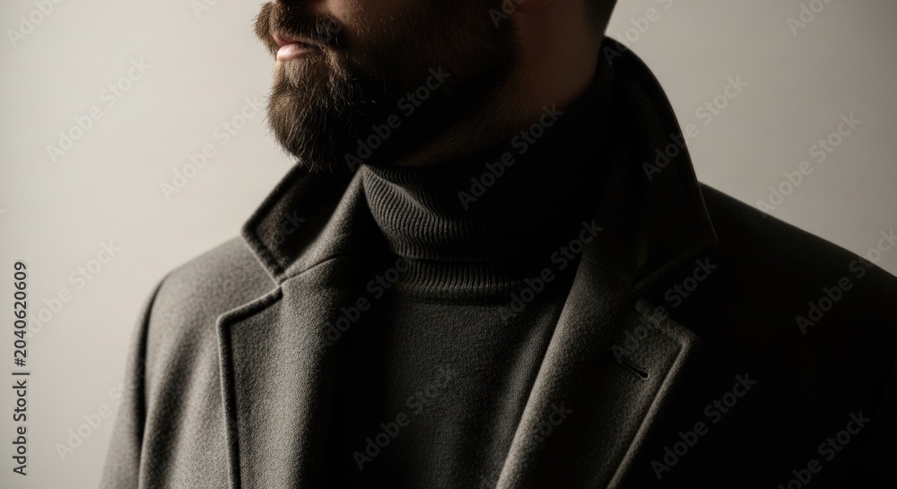 Fototapeta premium Stylish Man Wearing Turtleneck and Coat in Studio Portrait.