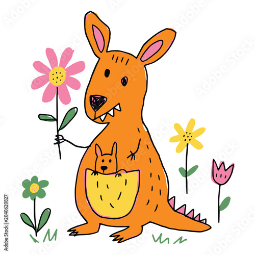 Tableau sur toile kangaroo holding flower with joey in pouch children storybook art