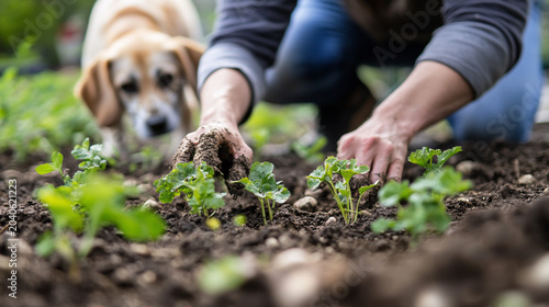person looking after young plants with their dog in the background, sustainable living concept