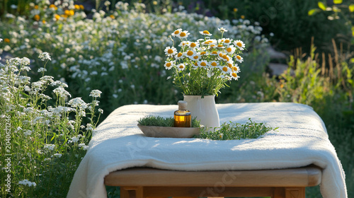 massage table in the nature with towel and flowers
