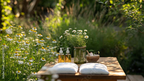 massage table in the nature with towel and flowers