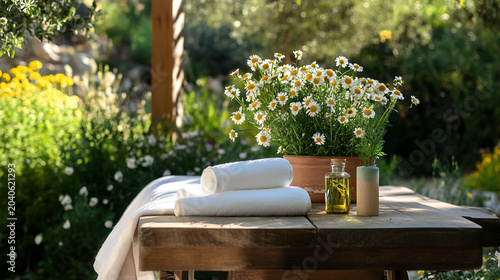 massage table in the nature with towel and flowers
