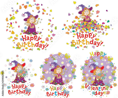 Happy birthday cards with a funny little witch, a set of vector cartoon illustrations isolated on a white background