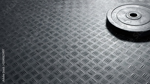 bodybuilding. A single weight plate on rubber gym flooring, emphasizing fitness and strength with a dynamic composition. event key visuals, club posters, designed for fitness apps and gym onboarding.