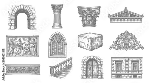 Architectural details and stone carvings.