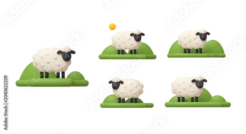 Cute 3D Sheep Characters Standing on Green Hills Isolated on Black